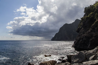 Scenic view of mountain at sea shore against cloudy sky
