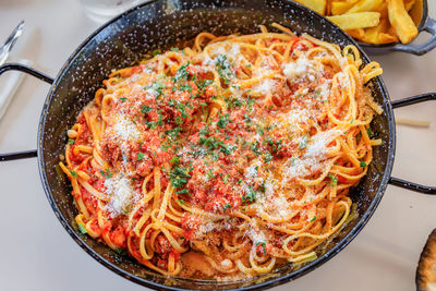 High angle view of food in plate on table