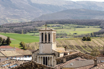 High angle view of building against mountains