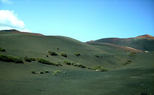 Scenic view of mountains against clear blue sky