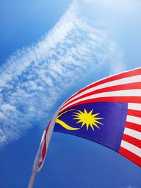 Low angle view of flag against blue sky