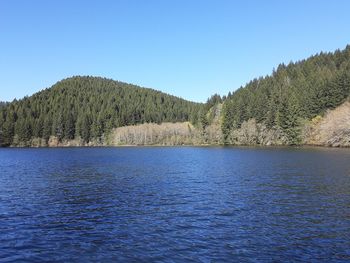 Scenic view of lake against clear blue sky