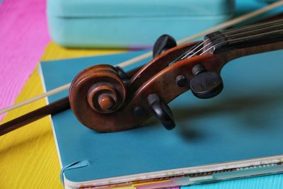 High angle view of piano on wood