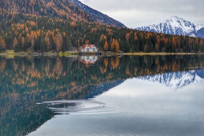 Scenic view of lake and mountains against sky