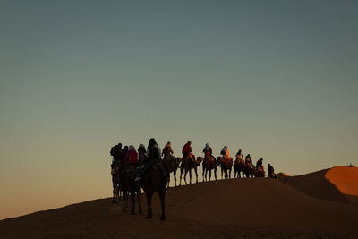 People riding camels on sand dune against sky