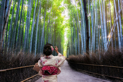 Rear view of a woman standing in the forest