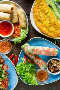 High angle view of meal served on table