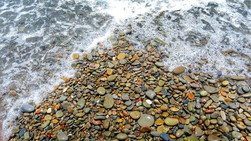 High angle view of pebbles on beach