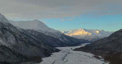 Scenic view of snowcapped mountains against sky