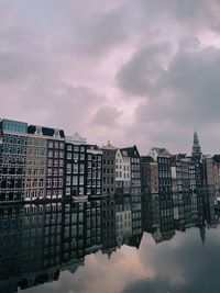 Reflection of amsterdam houses in city against sky