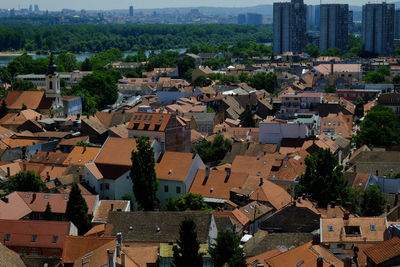 High angle view of buildings in town