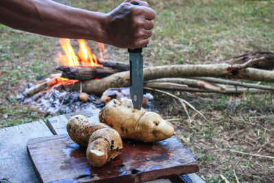 Cropped hand of man holding knife in potato at campsite