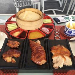 High angle view of meal served on table