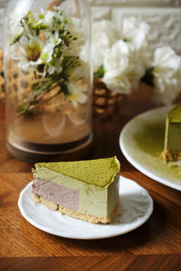 Close-up of cake served on table