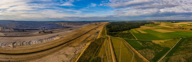 Panoramic view of hambach surface mine and hambach forest, germany. drone photography.