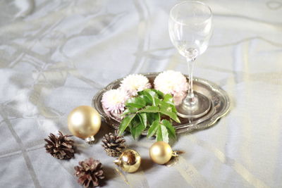 High angle view of wine glass on table