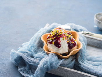 Close-up of ice cream on table