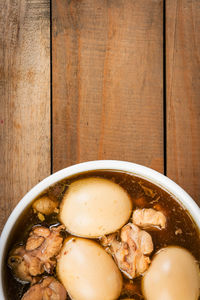 High angle view of soup in bowl on table