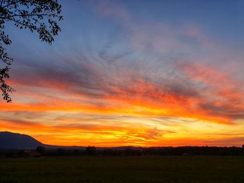 Scenic view of silhouette field against orange sky