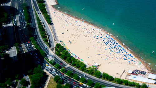 High angle view of city in sea