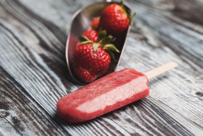 Close-up of strawberries on table