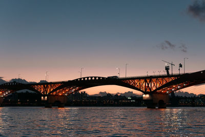 Bridge over river against sky at sunset