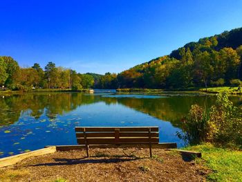 Scenic view of lake against clear blue sky