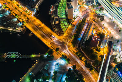 High angle view of illuminated city street