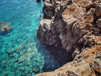 High angle view of rock formation in sea