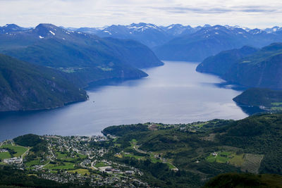 Scenic view of lake and mountains against sky