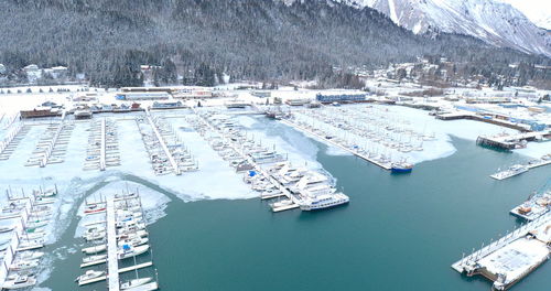 Aerial view of harbor during winter