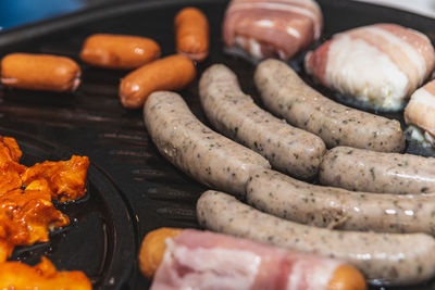 High angle view of meat in plate on table