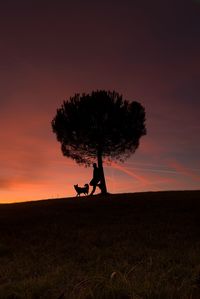 Silhouette man riding bicycle on field against sky during sunset