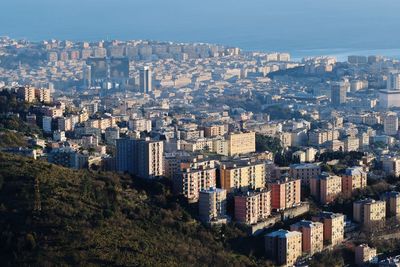 High angle view of modern buildings in city