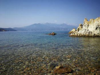 Scenic view of sea against clear blue sky