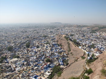 High angle shot of townscape against clear sky