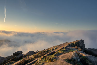 Scenic view of mountain against sky during sunset