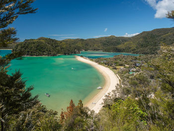 High angle view of bay against clear blue sky