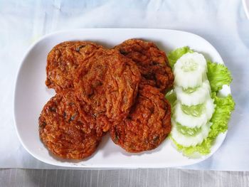 High angle view of food in plate on table