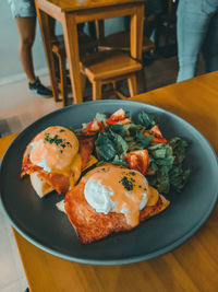 High angle view of breakfast served on table