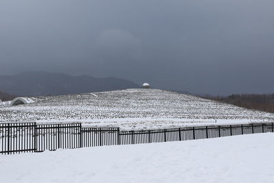 Scenic view of snow covered field against sky