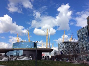 Low angle view of building against blue sky