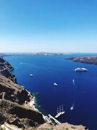 Scenic view of bay against clear blue sky