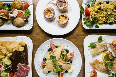 High angle view of meal served on table