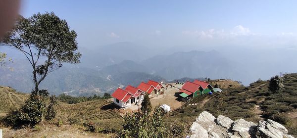 High angle view of trees on landscape against sky