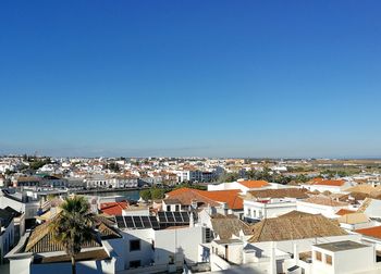 High angle shot of townscape against clear blue sky