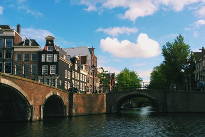 Bridge over river with buildings in background