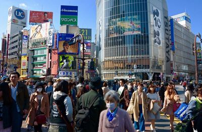 High angle view of people in city