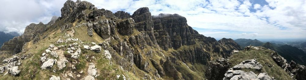 Panoramic view of mountain range against sky