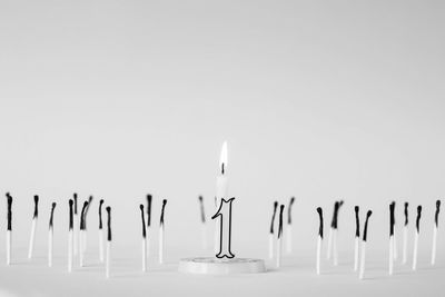 Close-up of candles against white background